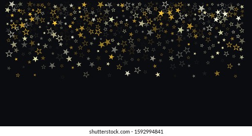 Christmas gold stars background, holidays vector confetti falling on black. magic shining flying stars on night sky and glitter dots cosmic backdrop, sparkle border.