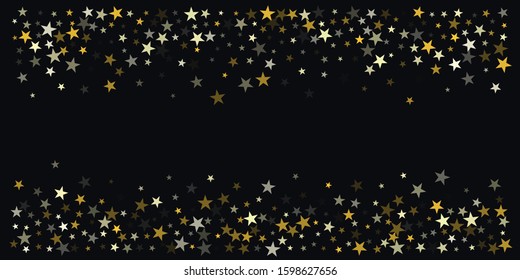 Christmas gold stars background, holidays vector confetti falling on black. magic shining flying stars on night sky and glitter dots cosmic backdrop, sparkle border.