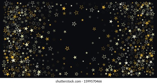 Christmas gold stars background, holidays vector confetti falling on black. magic shining flying stars on night sky and glitter dots cosmic backdrop, sparkle border.