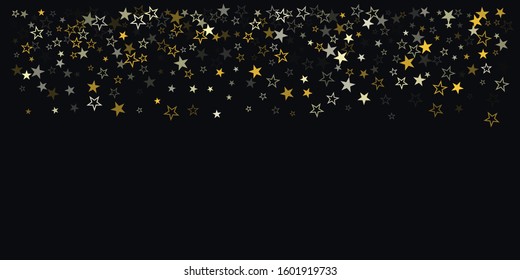 Christmas gold stars background, holidays vector confetti falling on black. magic shining flying stars on night sky and glitter dots cosmic backdrop, sparkle border.