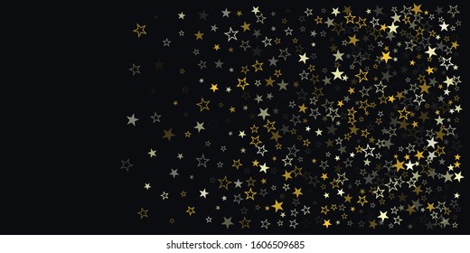 Christmas gold stars background, holidays vector confetti falling on black. magic shining flying stars on night sky and glitter dots cosmic backdrop, sparkle border.