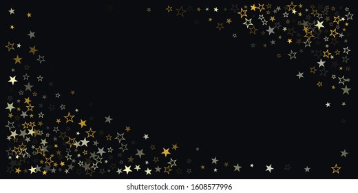 Christmas gold stars background, holidays vector confetti falling on black. magic shining flying stars on night sky and glitter dots cosmic backdrop, sparkle border.