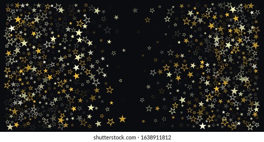 Christmas gold stars background, holidays vector confetti falling on black. magic shining flying stars on night sky and glitter dots cosmic backdrop, sparkle border.