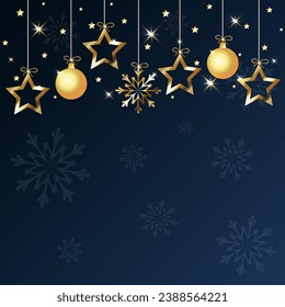 Christmas gold stars and balls hanging. New Year Christmas card design with gold decorations