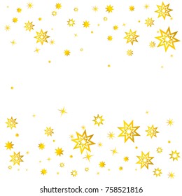 christmas gold stars confetti borders falling decoration, magic shining Flying eight pointed graphic stars background cosmic backdrop, sparkle holidays vector.