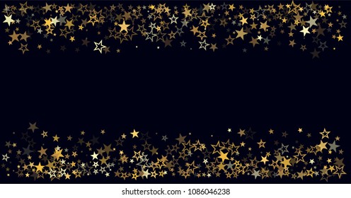 christmas gold stars confetti falling, sparkle border. holidays vector background. magic shining Flying stars on night sky and glitter dots cosmic backdrop, 