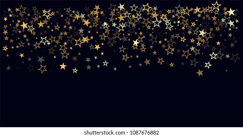 christmas gold stars confetti falling, sparkle border. holidays vector background. magic shining Flying stars on night sky and glitter dots cosmic backdrop, 