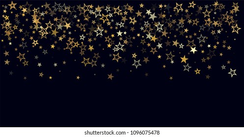 christmas gold stars confetti falling, sparkle border. holidays vector background. magic shining Flying stars on night sky and glitter dots cosmic backdrop, 