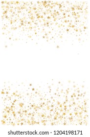 christmas gold stars confetti falling, holidays vector background. magic shining Flying stars on night sky and glitter dots cosmic backdrop, sparkle border.