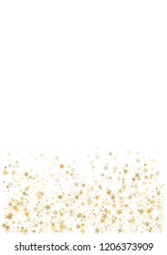 christmas gold stars confetti falling, holidays vector background. magic shining Flying stars on night sky and glitter dots cosmic backdrop, sparkle border.
