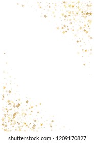 christmas gold stars confetti falling, holidays vector background. magic shining Flying stars on night sky and glitter dots cosmic backdrop, sparkle border.