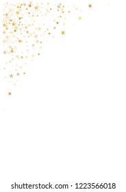 christmas gold stars confetti falling, holidays vector background. magic shining Flying stars on night sky and glitter dots cosmic backdrop, sparkle border.