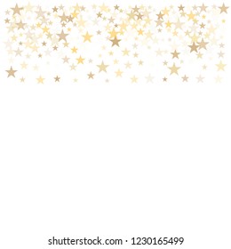 christmas gold stars confetti falling, holidays vector background. magic shining Flying stars on night sky and glitter dots cosmic backdrop, sparkle border. 