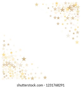 christmas gold stars confetti falling, holidays vector background. magic shining Flying stars on sky and glitter backdrop, sparkle border. 
