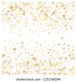 christmas gold stars confetti falling, holidays vector background. magic shining Flying stars on sky and glitter backdrop, sparkle border. 