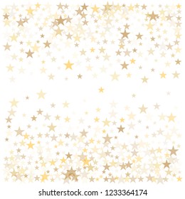 christmas gold stars confetti falling, holidays vector background. magic shining Flying stars on night sky and glitter dots cosmic backdrop, sparkle border. 