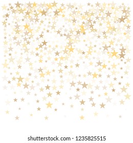 christmas gold stars confetti falling, holidays vector background. magic shining Flying stars on night sky and glitter dots cosmic backdrop, sparkle border. 