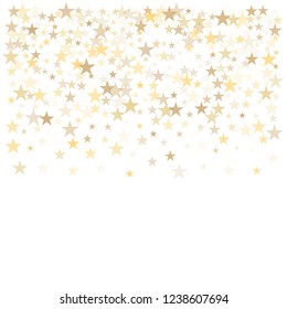christmas gold stars confetti falling, holidays vector background. magic shining Flying stars on night sky and glitter dots cosmic backdrop, sparkle border. 