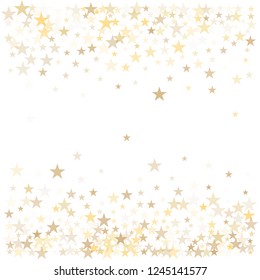 christmas gold stars confetti falling, holidays vector background. magic shining Flying stars on night sky and glitter dots cosmic backdrop, sparkle border. 