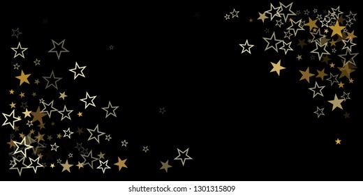 christmas gold stars confetti falling, holidays vector background. magic shining Flying stars on night sky and glitter dots cosmic backdrop, sparkle border. - Vector