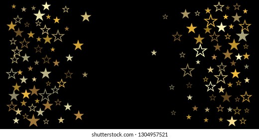 christmas gold stars confetti falling, holidays vector background. magic shining Flying stars on night sky and glitter dots cosmic backdrop, sparkle border. - Vector