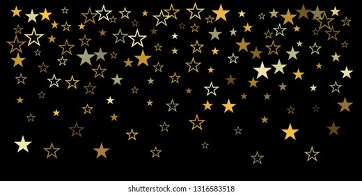 christmas gold stars confetti falling, holidays vector background. magic shining Flying stars on night sky and glitter dots cosmic backdrop, sparkle border. - Vector