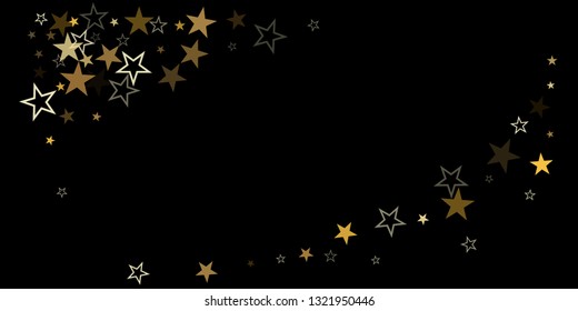 christmas gold stars confetti falling, holidays vector background. magic shining Flying stars on night sky and glitter dots cosmic backdrop, sparkle border. 