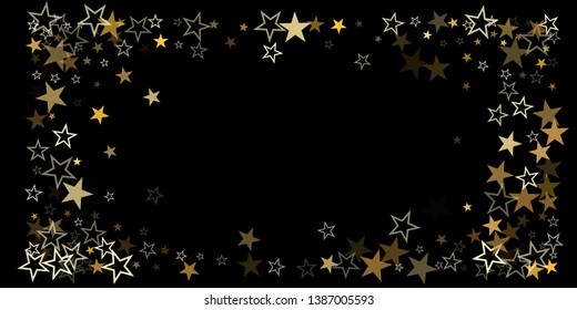 christmas gold stars confetti falling, holidays vector background. magic shining Flying stars on night sky and glitter dots cosmic backdrop, sparkle border. - Vector