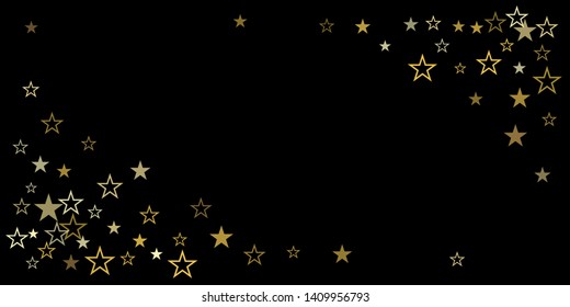 christmas gold stars confetti falling, holidays vector background. magic shining Flying stars on night sky and glitter dots cosmic backdrop, sparkle border. - Vector