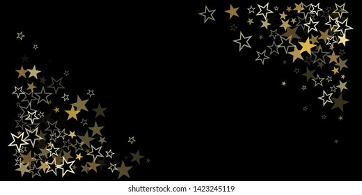 christmas gold stars confetti falling, holidays vector background. magic shining Flying stars on night sky and glitter dots cosmic backdrop, sparkle border. 