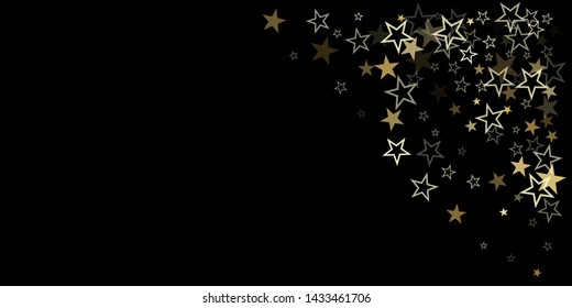 christmas gold stars confetti falling, holidays vector background. magic shining Flying stars on night sky and glitter dots cosmic backdrop, sparkle border. - Vector