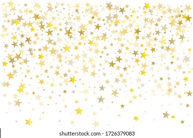 christmas gold stars confetti falling, holidays vector background. magic shining Flying stars on night sky and glitter dots cosmic backdrop, sparkle border.