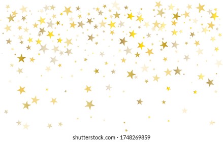 christmas gold stars confetti falling, holidays vector background. magic shining Flying stars on night sky and glitter dots cosmic backdrop, sparkle border.