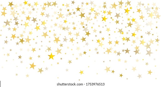 Christmas Gold Stars Confetti Falling, Holidays Vector Background. Magic Shining Flying Stars On Night Sky And Glitter Dots Cosmic Backdrop, Sparkle Border.