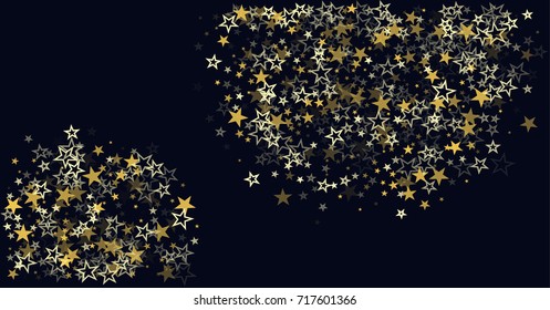 christmas gold stars confetti falling, holidays vector background. magic shining Flying stars on night sky and glitter dots cosmic backdrop, sparkle border. 