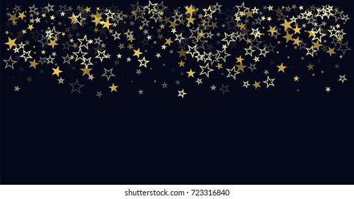 christmas gold stars confetti falling, holidays vector background. magic shining Flying stars on night sky and glitter dots cosmic backdrop, sparkle border. 