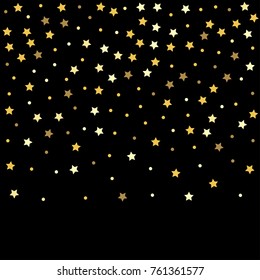 christmas gold stars confetti falling, holidays vector background. magic shining Flying stars on night sky and glitter dots cosmic backdrop, sparkle border. 
