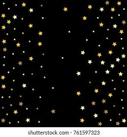 christmas gold stars confetti falling, holidays vector background. magic shining Flying stars on night sky and glitter dots cosmic backdrop, sparkle border. 