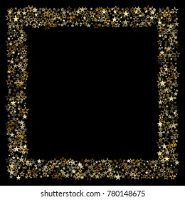 christmas gold stars confetti frame or border, holidays glitter falling square vector background. magic shining Flying stars on night sky and glitter dots cosmic backdrop, sparkle border. 