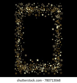 christmas gold stars confetti vertical frame or border, holidays glitter falling vector background. magic shining Flying stars on night sky and glitter dots cosmic backdrop, sparkle border. 