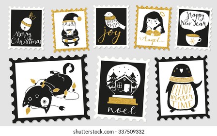 Christmas gold textured beautiful cheerful cute stamp with holiday symbols and elements of decoration. Templates for gift box, scrapbook, design, invitation, greetings, diary, sticker.