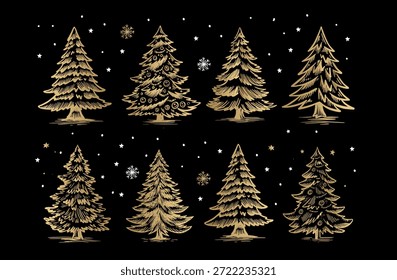 Christmas gold tree set on black. Hand drawn illustration.	