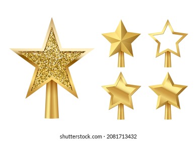 Ilustración vectorial del árbol de oro de Navidad. 3 d decoración realista de estrellas doradas en estilo deco, diseño decorativo tradicional brillante para lo alto del pino de Navidad en temporada de invierno aislado en blanco