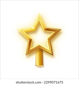 Vector de topper de árbol de oro de Navidad. 3 d realistas decoración de estrellas doradas en , diseño decorativo tradicional brillante para lo alto del pino de Navidad. Vector