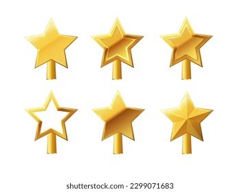 Christmas gold tree topper vector. 3d realistic golden star decoration in deco style, decorative traditional shiny design for top of Xmas pine tree in winter season isolated on white.