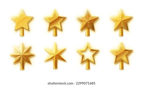 Christmas gold tree topper vector. 3d realistic golden star decoration in deco style, decorative traditional shiny design for top of Xmas pine tree in winter season isolated on white.