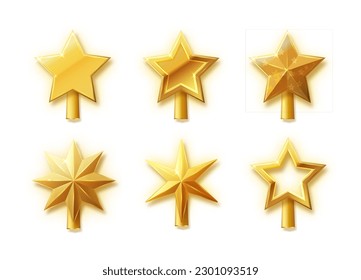 Christmas gold tree topper vector. 3d realistic golden star decoration in , decorative traditional shiny design for top of Xmas pine tree. Vector