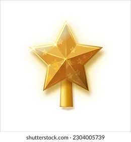 Vector de topper de árbol de oro de Navidad. 3 d realistas decoración de estrellas doradas en , diseño decorativo tradicional brillante para lo alto del pino de Navidad. Vector
