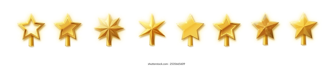 Christmas gold tree topper vector. 3d realistic golden star decoration in deco style, decorative traditional shiny design for top of Xmas pine tree in winter season isolated on white.