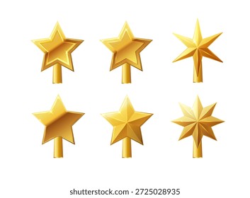 Weihnachtsgoldbaum-Obervektor. 3D realistische goldene Sterne Dekoration in , dekoratives traditionelles glänzendes Design für die Spitze der Weihnachtskiefer. Vektorgrafik